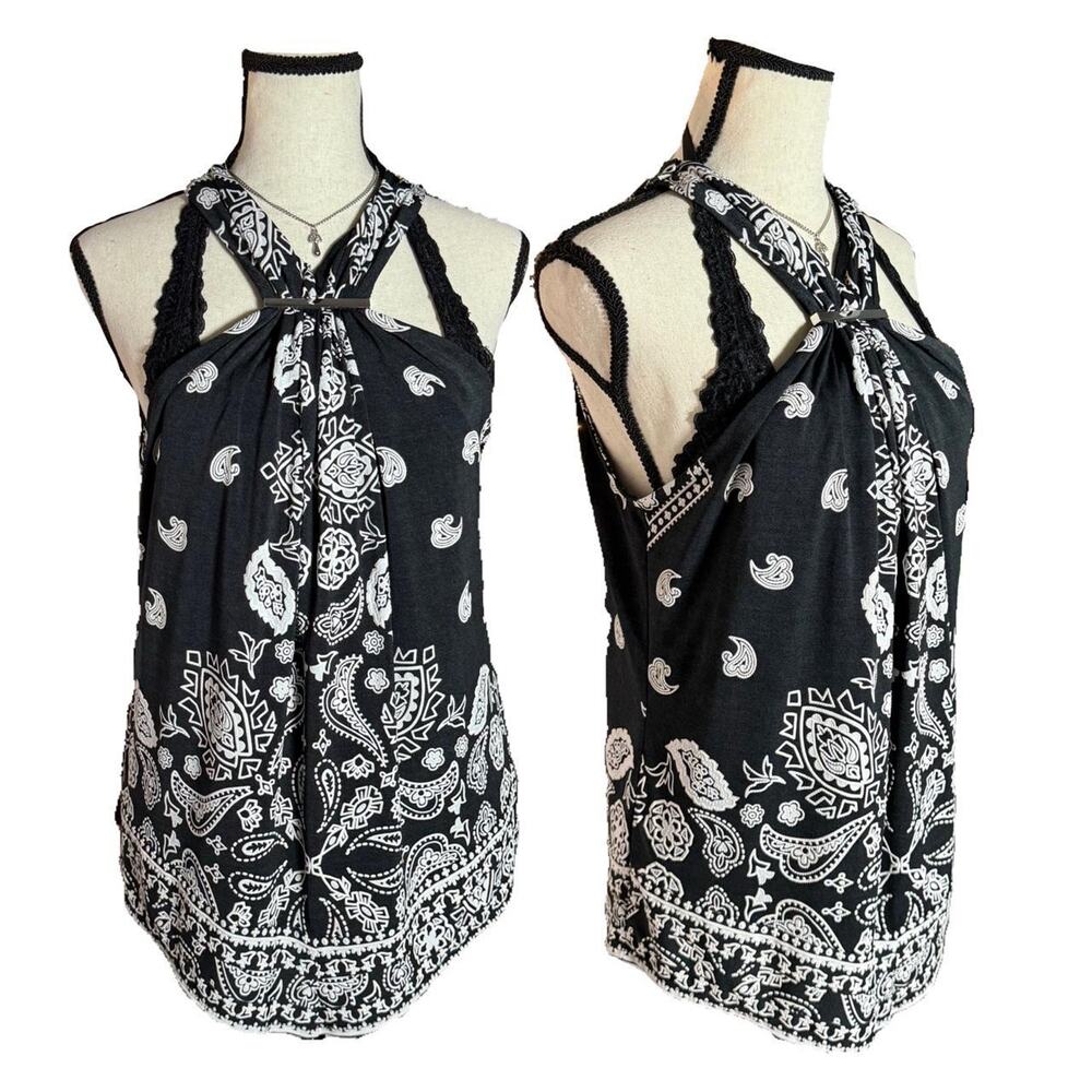 INC International Concepts Black Bandana Print Halter Tank Top Medium